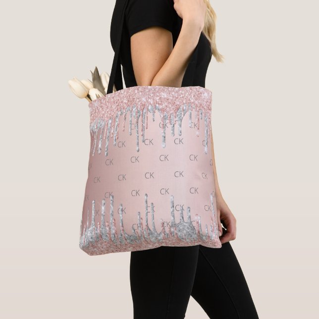 Rose gold glitter drips silver monogram elegant  tote bag (Close Up)