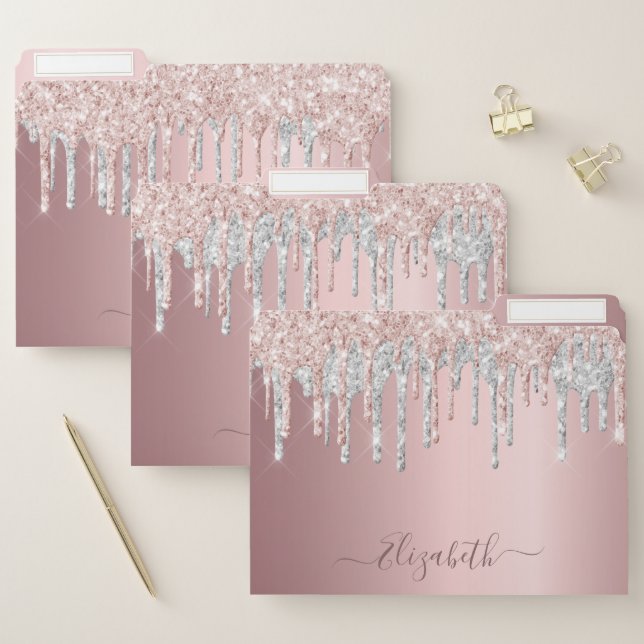Rose gold glitter drips silver monogram school file folder (Set)