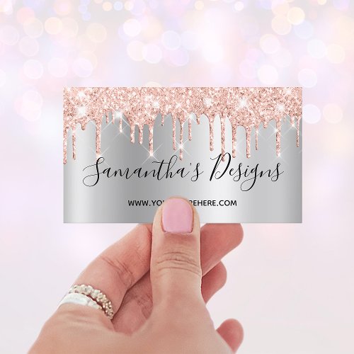 Rose Gold Glitter Drips Silver Ombre Online Store Business Card
