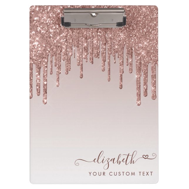 Rose Gold Glitter Drips Sparkle Modern Heart Clipboard (Front)