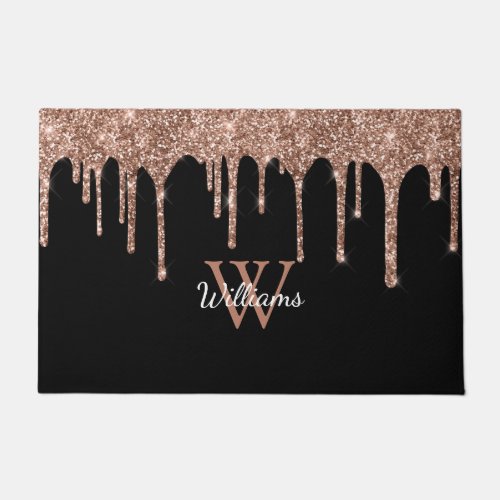 Rose Gold Glitter Drips Sparkle Monogram Name Doormat