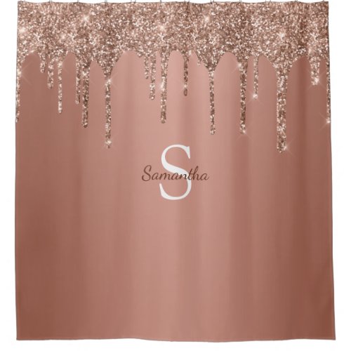 Rose Gold Glitter Drips Sparkle Monogram Name Shower Curtain