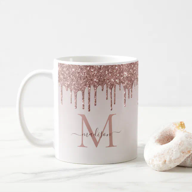 Rose Gold Glitter Drips Sparkle Monogram Script Coffee Mug Zazzle 