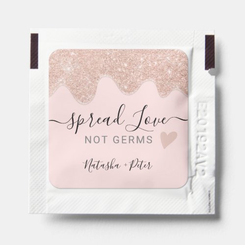 Rose gold glitter drips spread love script wedding hand sanitizer packet