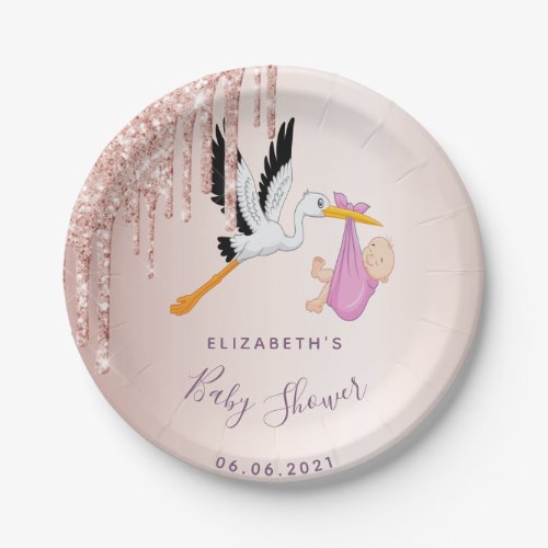 Rose gold glitter drips stork girl baby shower paper plates