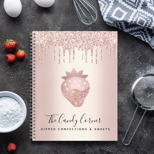 Rose Gold Glitter Drips Strawberry Confection Notebook