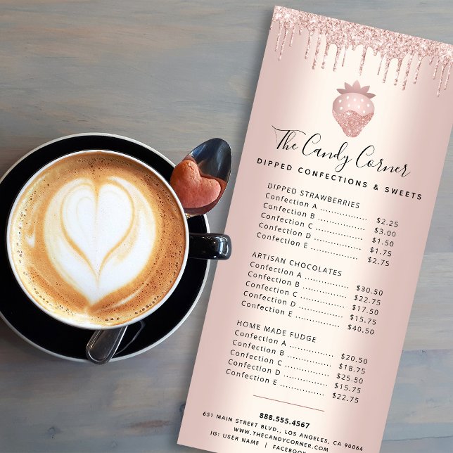 Rose Gold Glitter Drips Strawberry Dessert Menu (Creator Uploaded)