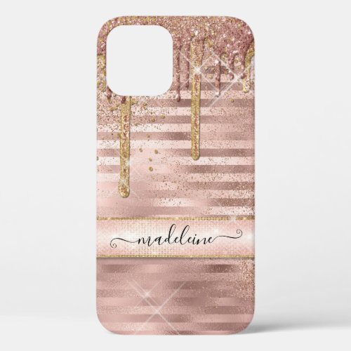 Rose Gold Glitter Drips Striped Girly Script Name iPhone 12 Case