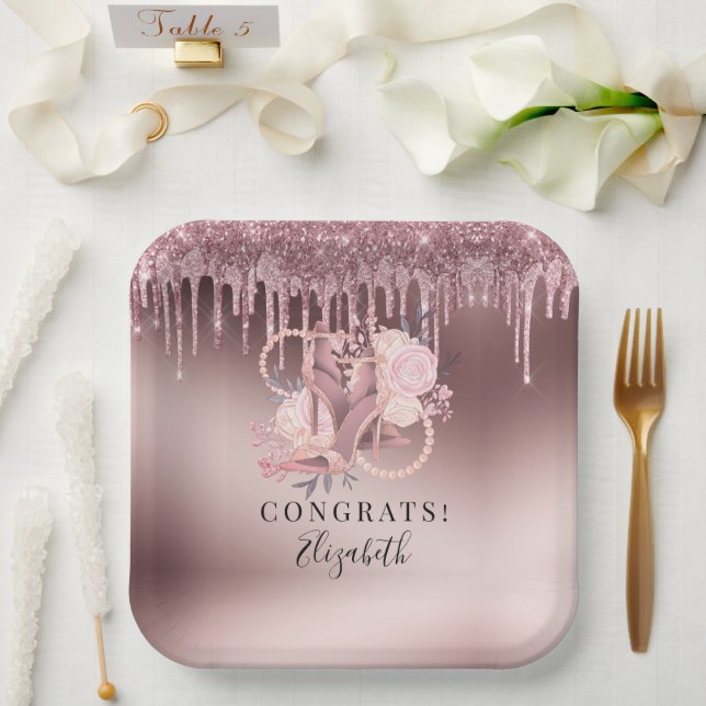 Rose Gold Glitter Drips Surprise Retirement Paper Plates (Wedding)