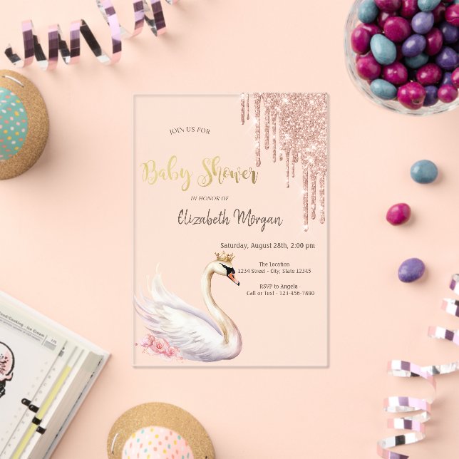 Rose Gold Glitter Drips Swan Crown Flowers Acrylic Invitations (Insitu (Celebration))