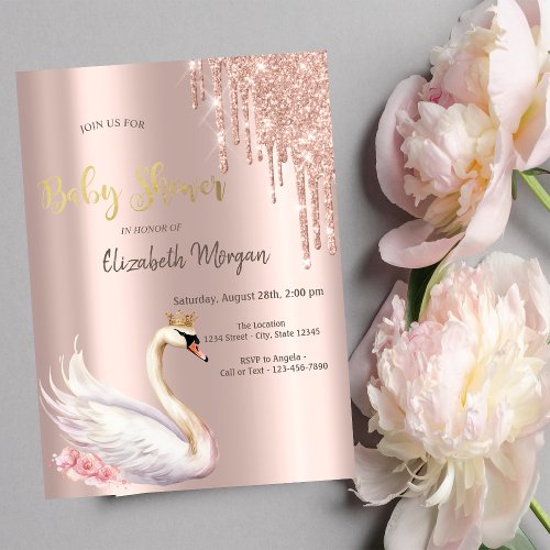 Rose Gold Glitter Drips Swan Crown Flowers Invitation