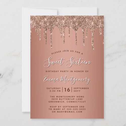 Rose Gold Glitter Drips Sweet 16 Birthday Party Invitation