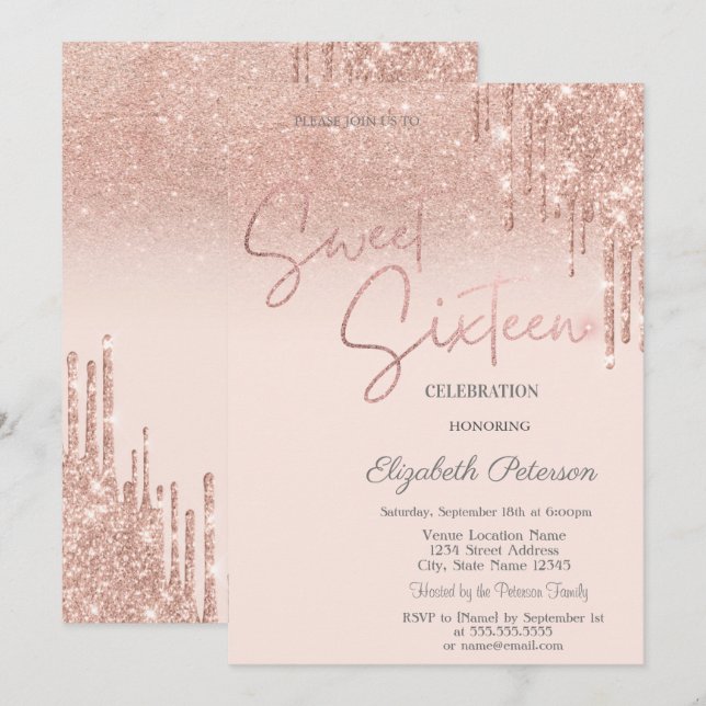 Rose Gold Glitter,Drips Sweet 16  Invitation (Front/Back)