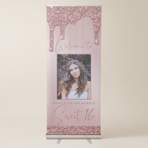 Rose Gold Glitter Drips Sweet 16 Photo Welcome Retractable Banner