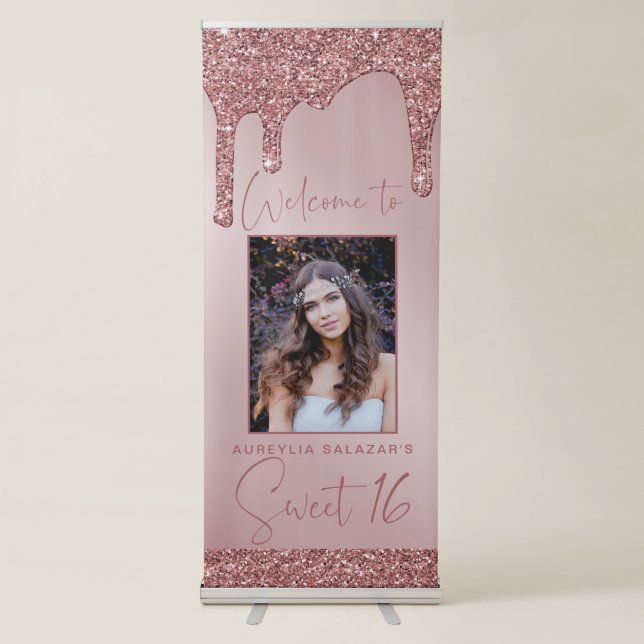 Rose Gold Glitter Drips Sweet 16 Photo Welcome Retractable Banner (Front)