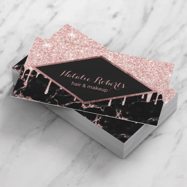 Rose Gold Glitter Drips Trendy Marble Beauty Salon Business Card Zazzle 3751