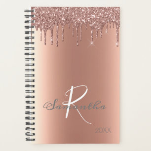 Rose Gold Glitter Drips Trendy Yearly Monogram Planner