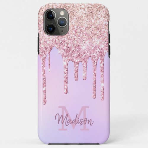 Rose Gold Glitter Drips Unicorn Ombre  Monogrammed iPhone 11 Pro Max Case