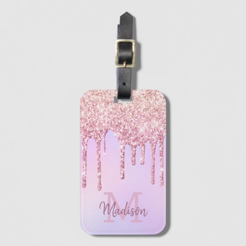 Rose Gold Glitter Drips Unicorn Ombre  Monogrammed Luggage Tag