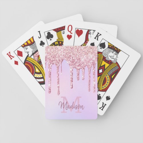 Rose Gold Glitter Drips Unicorn Ombre Monogrammed Poker Cards