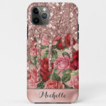 Rose Gold Glitter Drips Vintage Rose Floral Name Iphone 11 Pro Max Case at Zazzle
