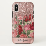 Rose Gold Glitter Drips Vintage Rose Floral Name Iphone X Case at Zazzle