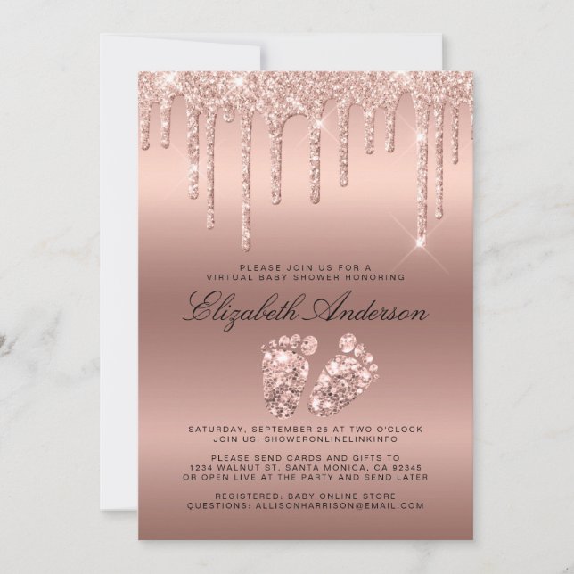 Rose Gold Glitter Drips Virtual Baby Shower Invitation (Front)