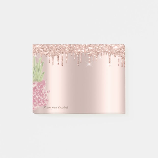 Rose Gold Glitter Drips Watercolor Pineapple Post-it Notes (Front)