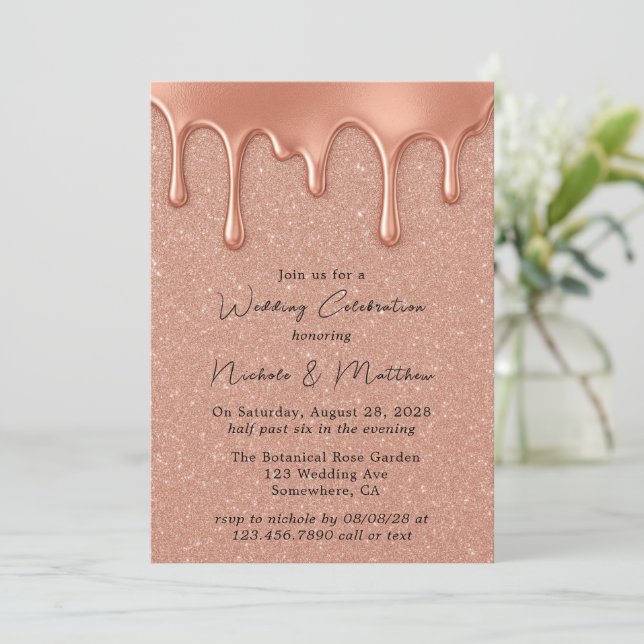 Rose Gold Glitter & Drips Wedding Celebration  Invitation (Standing Front)