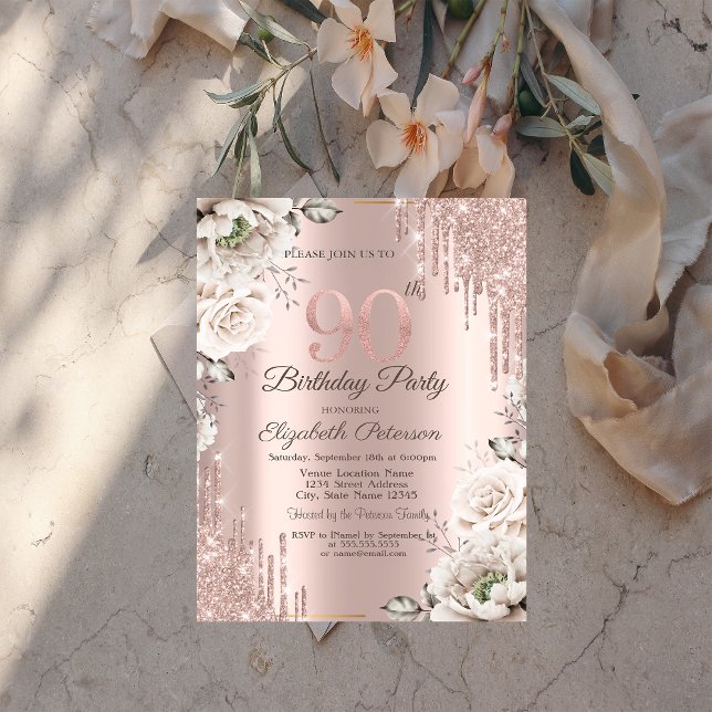 Rose Gold,Glitter Drips,White Flowers 90th Invitation (Creator Uploaded)