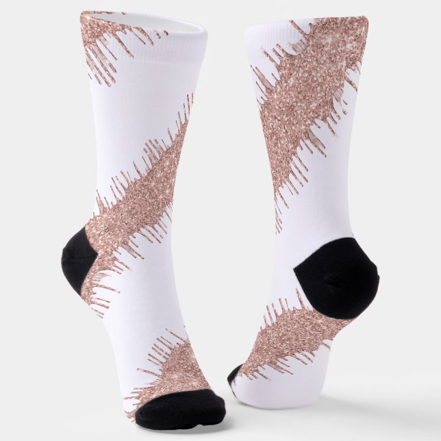 Rose Gold Glitter Drips White Socks (Angled)