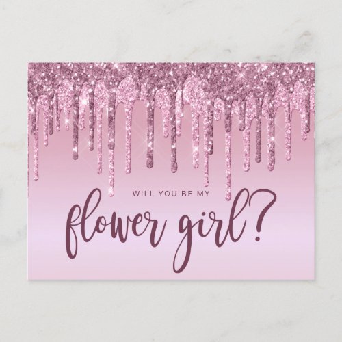 Rose gold glitter drips will you be my flower girl invitation postcard