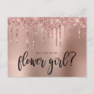 Rose gold glitter drips will you be my flower girl invitation postcard