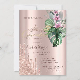 Rose Gold Glitter Drop Tropical Flowers Invitation