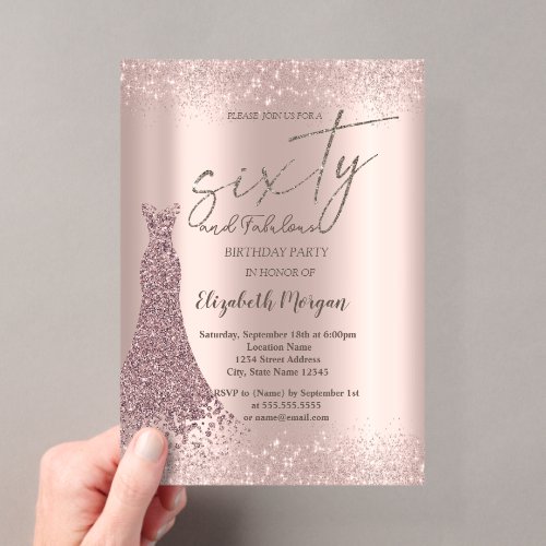 Rose Gold Glitter Dust Border Dress 60th Birthday Acrylic Invitations