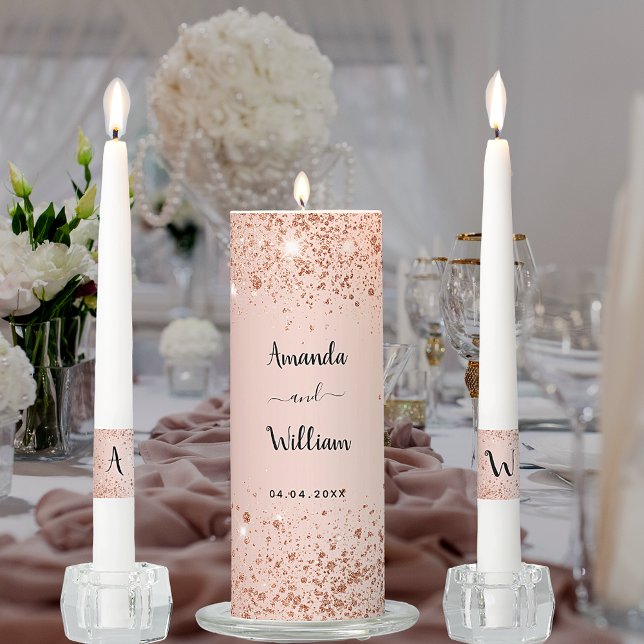 Rose gold glitter dust metal names wedding unity candle set (Creator Uploaded)