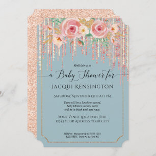 Rose Gold Glitter Dusty Blue Blush Floral Shower Invitation