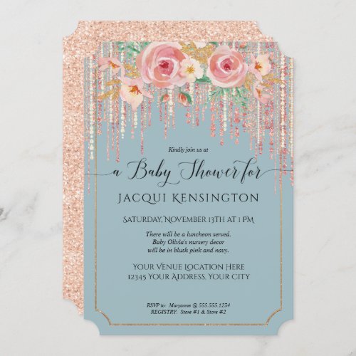 Rose Gold Glitter Dusty Blue Blush Floral Shower Invitation