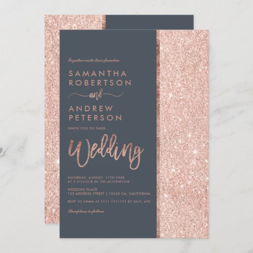 Rose gold glitter dusty blue color block wedding invitation