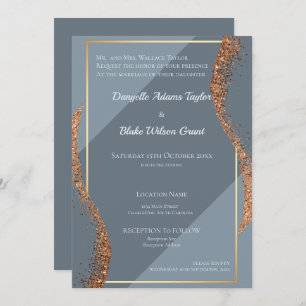 Rose Gold Glitter Dusty Blues Wedding Invitation