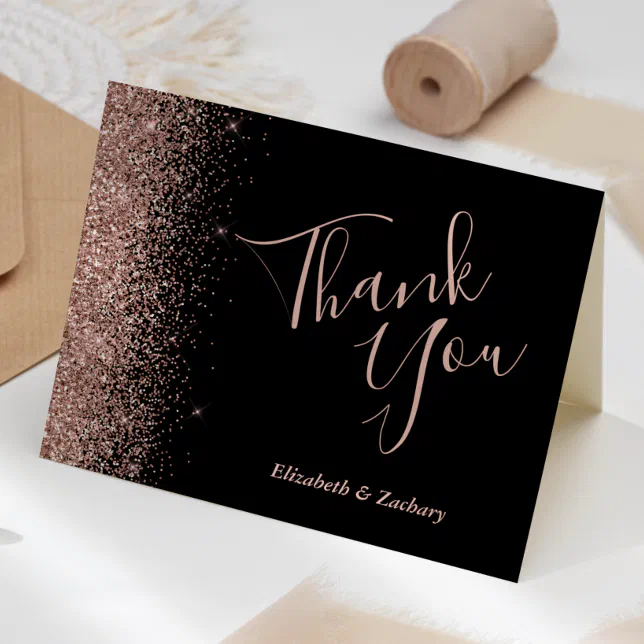 Rose Gold Glitter Edge Black Wedding Thank You Card | Zazzle