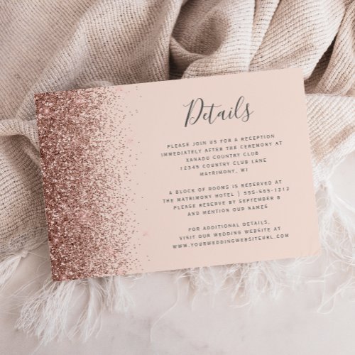 Rose Gold Glitter Edge Blush Pink Wedding Details Enclosure Card