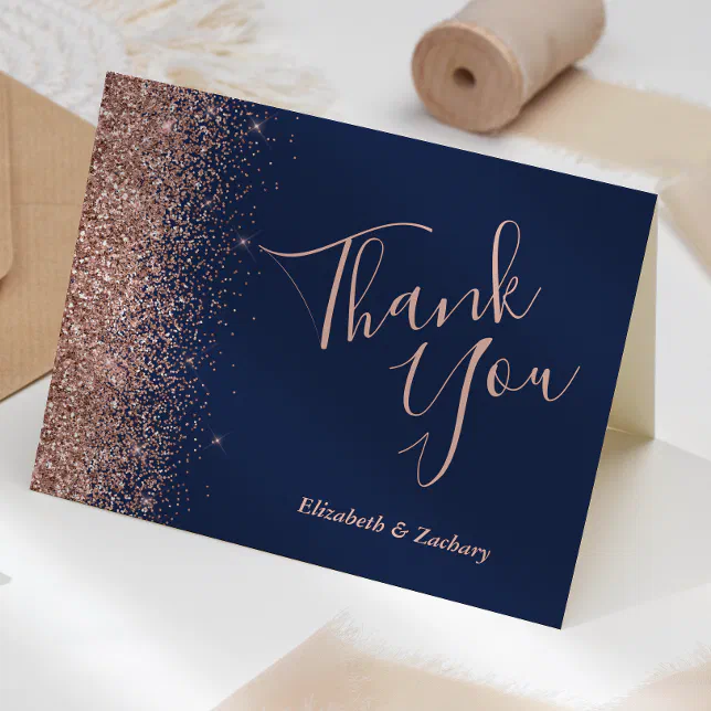 Rose Gold Glitter Edge Navy Blue Wedding Thank You Card | Zazzle