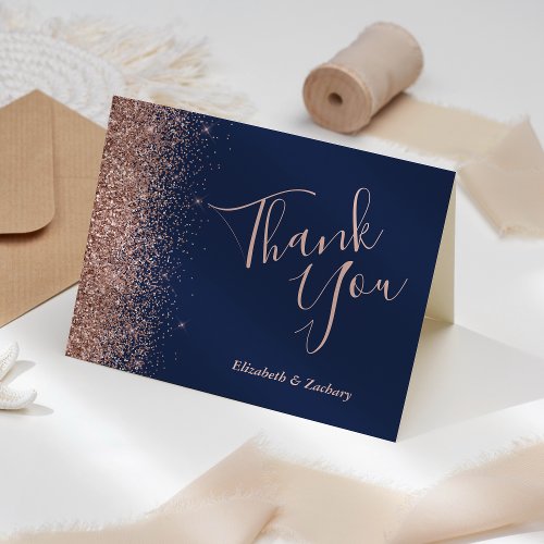 Rose Gold Glitter Edge Navy Blue Wedding Thank You Card