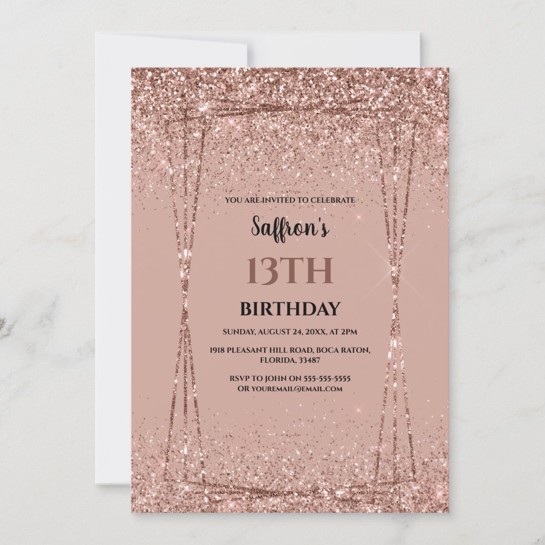 Rose Gold Glitter Effect Birthday Party Invitation | Zazzle