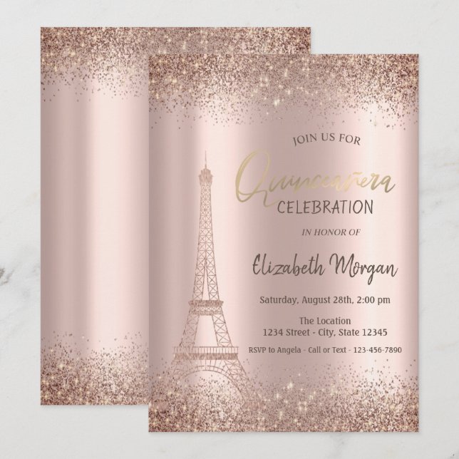 Rose Gold Glitter Eiffel Confetti Quinceañera  Invitation (Front/Back)
