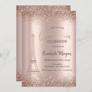 Rose Gold Glitter Eiffel Confetti Quinceañera  Invitation