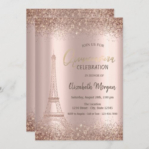 Rose Gold Glitter Eiffel Confetti Quinceaera  Invitation