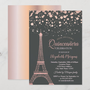 Rose Gold Glitter Eiffel Tower,Dots Quinceañera Invitation