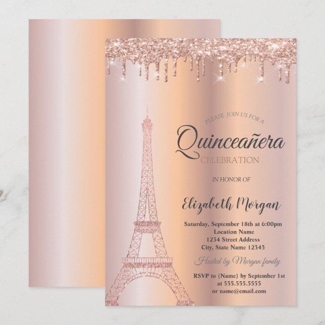 Rose Gold Glitter Eiffel Tower,Drips Quinceañera Invitation (Front/Back)